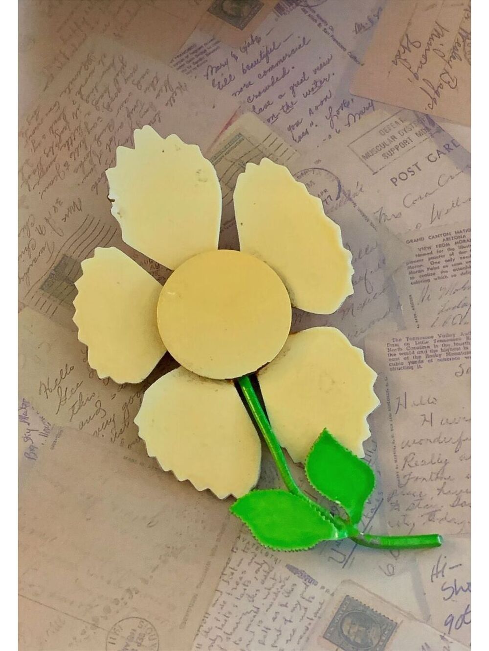 Vintage Enamel Cheerful Yellow Flower Pin with Green Stem - Fun Floral Brooch